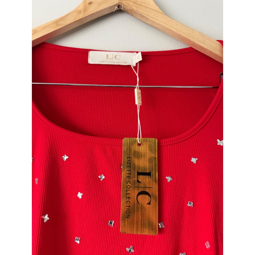 Lizette Collection Red Ribbed Butterfly Rhinestone Square Neck Crop Top M NEW - Picture 3 of 5